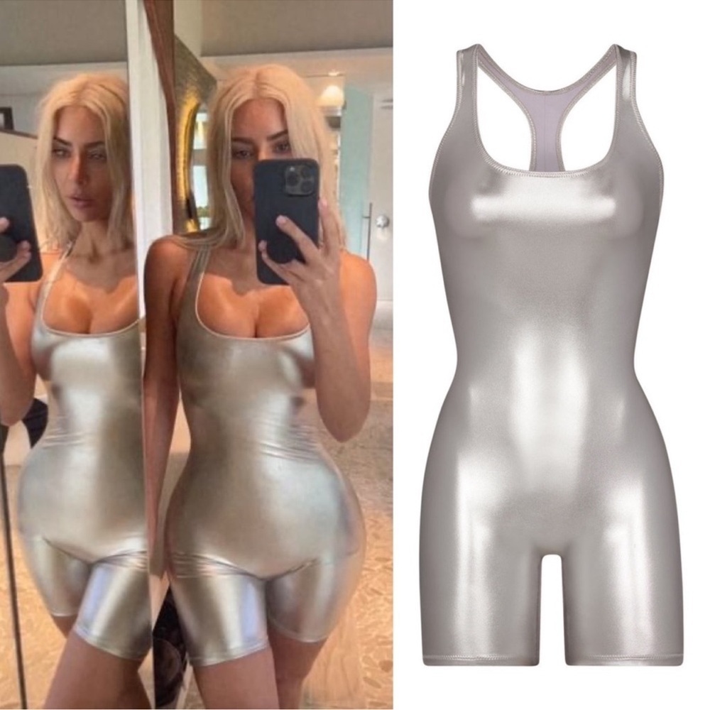 Skims Nickel Metallic Swim Cycle Suit Women Small one piece Silver suit B13